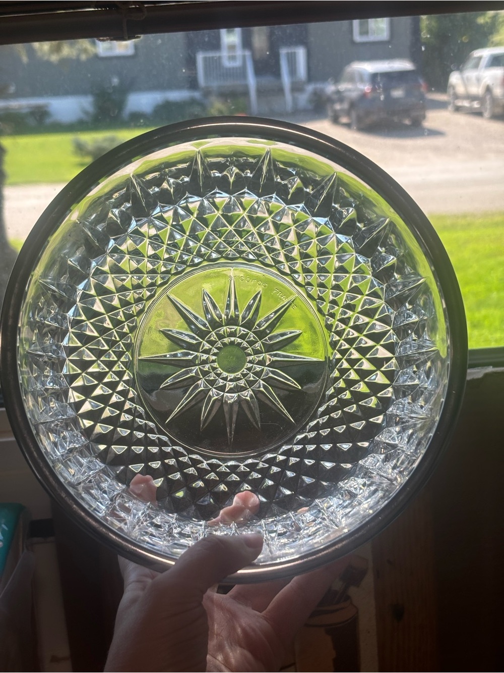 Vintage Arcoroc France Diamant Diamond Point Glass Serving Bowl – Silver Rim
